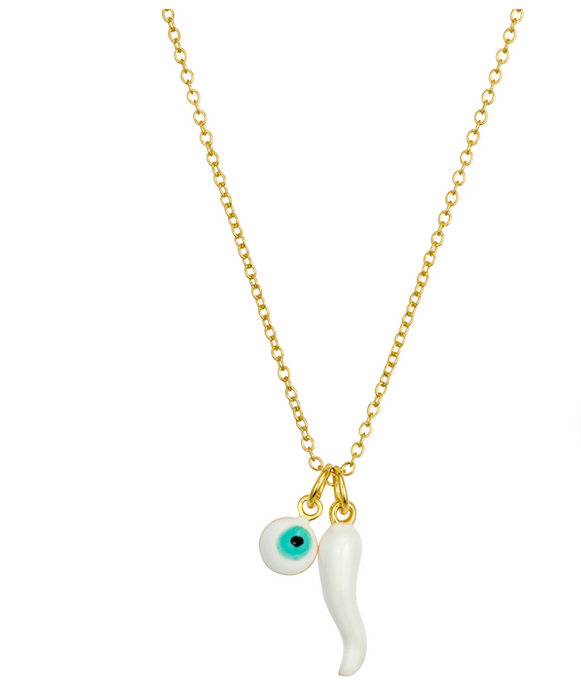 Necklace with Horn & Evil Eye - Silver & Gold