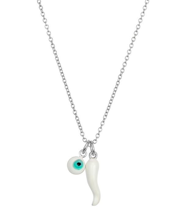 Necklace with Horn & Evil Eye - Silver & Gold